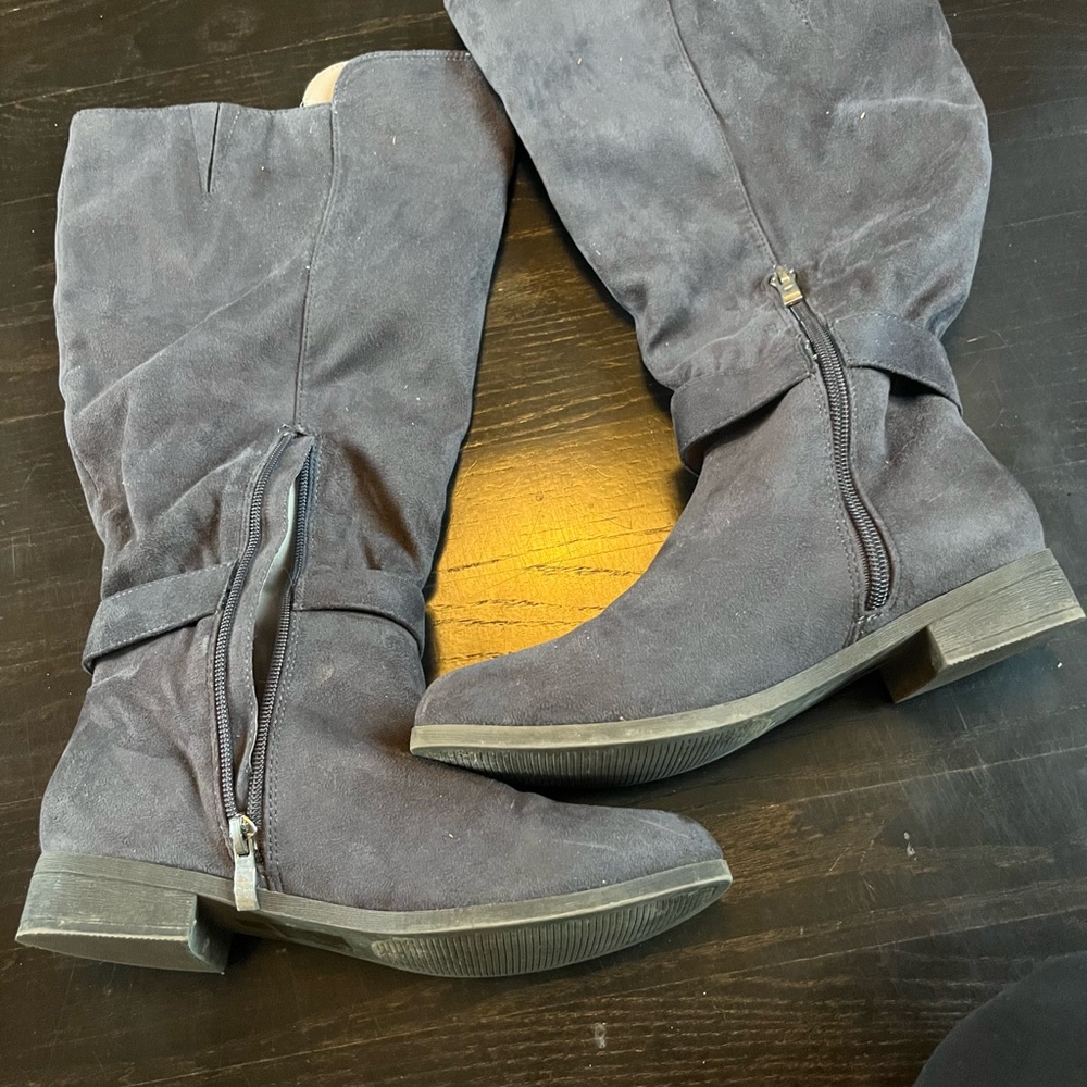 Gray Faux Suede Knee High Boots Wide Calf Moto Style Size 7